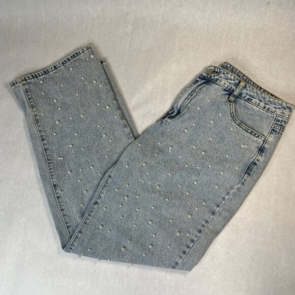 Pearl Embellished Light Wash High-Waisted Denim Jeans XLarge - Picture 3 of 8